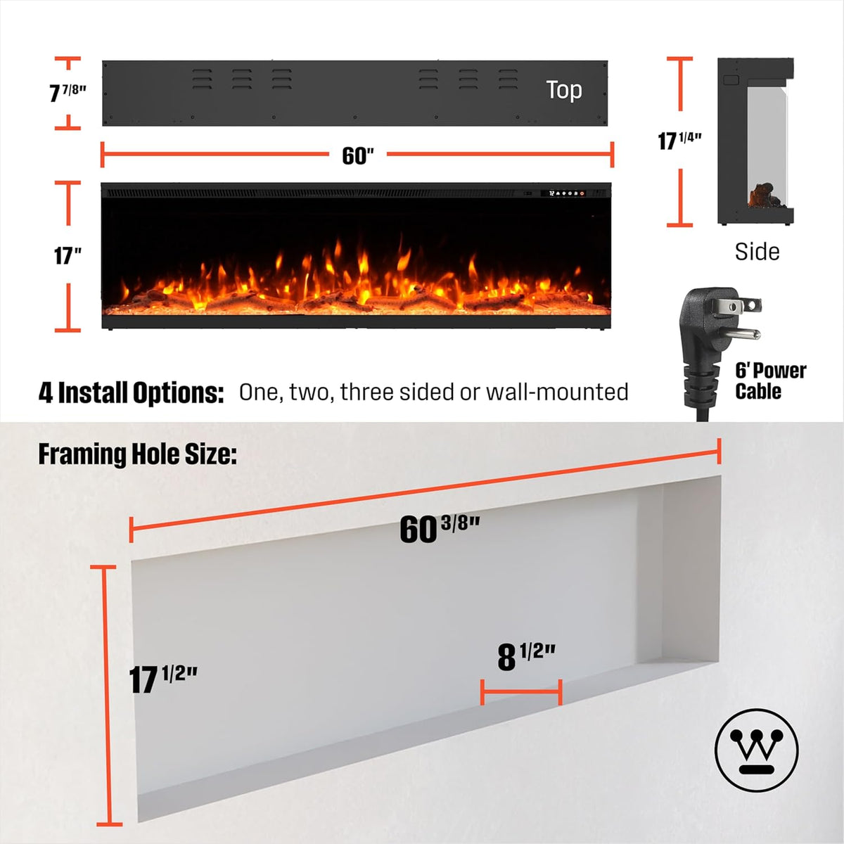 60 Inch 3 Sided Electric Fireplace Heater