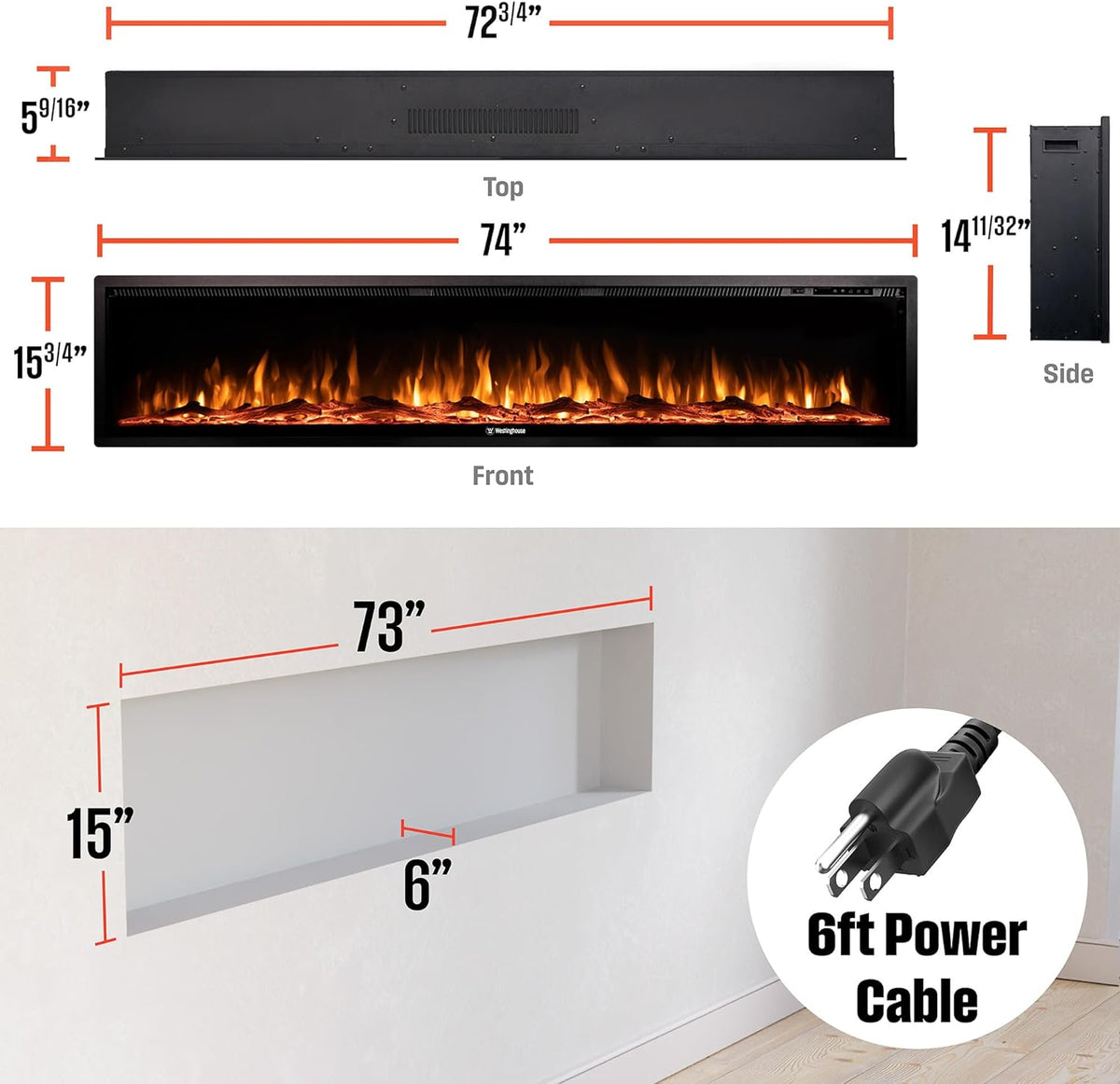 74 Inch Electric Fireplace Heater
